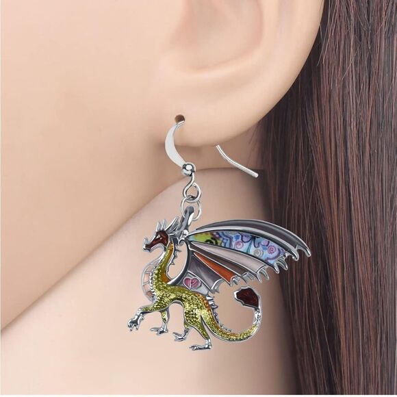 Silver and Multicolor Enamel Mythical Dragon Dangling French Wire Hook Earrings - Picture 4 of 5